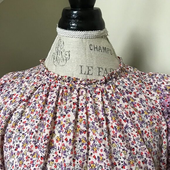 Ann Taylor Floral Fit & Flare Dress Womens 6 Orange Purple Crew Neck Mini Ruffle - Picture 6 of 13